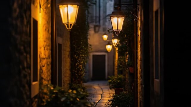 A narrow alley lit by hanging lanterns glows warmly against dark stone walls and lush greenery at night