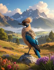 Colorful bird on mountain landscape