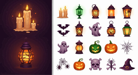 Halloween icon spooky halloween vector art collection featuring lanterns candles pumpkins ghosts bats and witchy elements vector