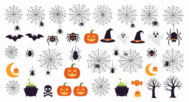 Halloween icon halloween vector illustration with pumpkins bats spiders ghosts witch hat cauldron and spiderwebs design set vector