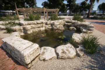 Stone-walled pond with koi and plants