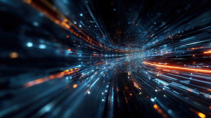 Dynamic abstract image of glowing blue and orange light trails creating sense of speed and motion, resembling futuristic data stream or digital highway