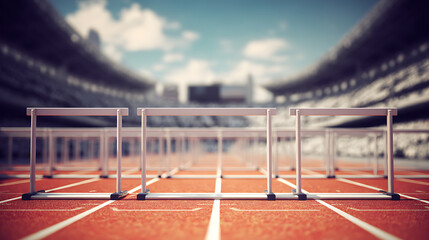 Hurdles on a track in an empty stadium under a clear sky
