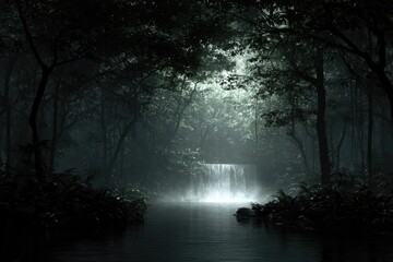 Misty forest with waterfall