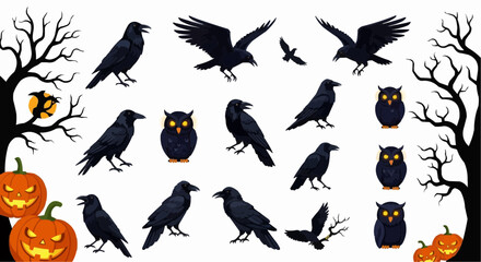 Halloween icon halloween vector illustration featuring crows owls pumpkins and spooky trees perfect for holiday designs vector