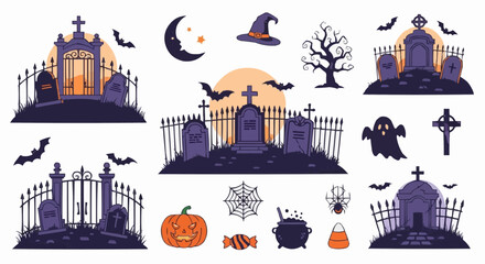 Halloween icon halloween graveyard scene vector illustration with tombstones bats ghost spider web pumpkin and spooky elements vector