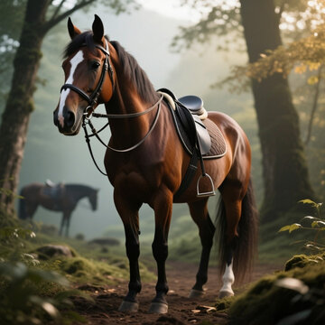 Dos caballos con montura en un bosque
