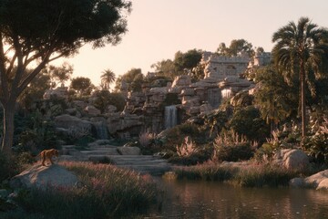 Jungle landscape with waterfall and stone structures