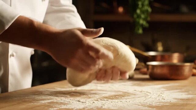 Chef kneading pizza dough Italian kitchen cinematic UHD handheld gourmet culinary lifestyle stock. cook shaping flatbread italian cuisine filmic ultra high definition portable fine