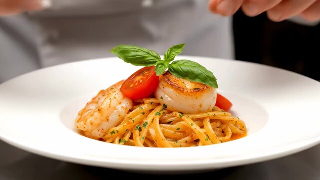 Chef plating seafood pasta fine restaurant cinematic UHD gourmet culinary lifestyle stock footage. cook arranging ocean food noodle dish upscale eatery filmic ultra high