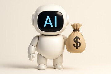 3D render illustration, Ai robot holding a money bag with a dollar sign on, white backdrop