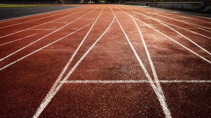 Empty red running track with white lane markings viewed from ground level