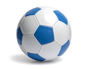 Classic blue and white soccer ball on a pristine white background scene