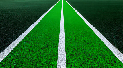 Obraz premium A close-up view of a green artificial turf field with white boundary lines converging into the distance