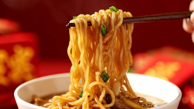 Close up noodles twirled chopsticks cinematic UHD handheld Lunar New Year food symbolism stock. asian pasta spiral utensil filmic ultra high definition portable spring festival