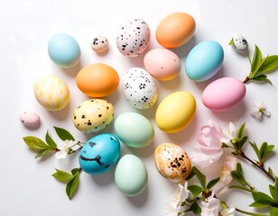 Colorful Easter eggs and blossoms
