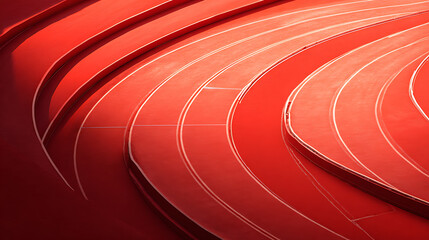 Close-up view of a red running track with curved lanes and white markings
