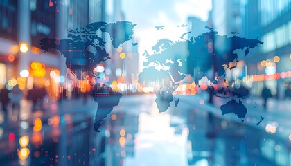 A world map overlayed on a blurred city street scene at dusk, reflecting lights