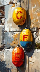 Colorful buoys on weathered wall