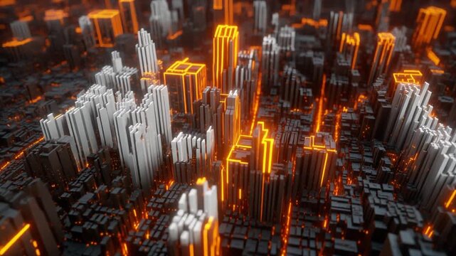 Stylized aerial view of a futuristic cityscape with elongated, abstract skyscrapers illuminated by glowing orange and white lights. Dramatic depth and exaggerated perspective create a surreal, cyberpu