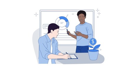 Business training. Moving banner with male entrepreneur listening to lecture by business coach or mentor. Financial planning and investment training. Flat graphic animated cartoon