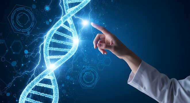 Scientist's hand interacting with dynamic DNA strand in modern futuristic illustration for medical and scientific use