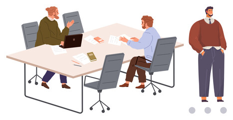 Team members discussing ideas at a rectangular table with open laptops, documents, and papers while one person observes in a casual outfit. Ideal for teamwork, collaboration, brainstorming