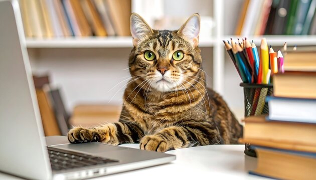 Cat using laptop in library