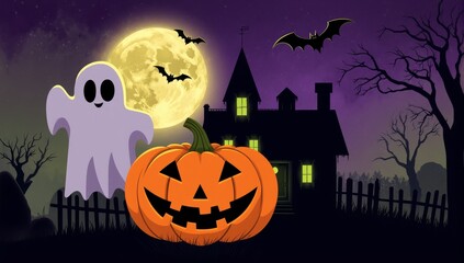 A spooky halloween scene with a smiling jack o'lantern pumpkin, friendly ghost and haunted house under the full moon on dark purple background