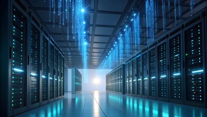 Obraz premium Futuristic Data Center with Glowing Blue Server Racks