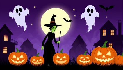 A spooky halloween scene with a witch silhouette standing in front of haunted houses and glowing pumpkins under the full moon at night