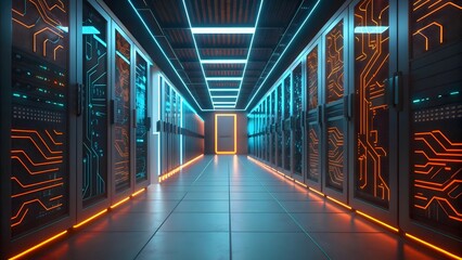 Fototapeta premium Futuristic Server Room Corridor with Glowing Neon Lights and Data Center Technology