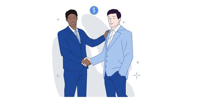 Human resources. Moving banner with business partners or entrepreneurs shaking hands. Concluding deal or agreement. Hiring employee. Flat graphic animated cartoon in line art style
