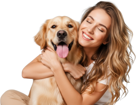 Young woman embracing a happy golden retriever dog close up smiling affectionate