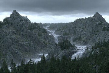 Mountainous valley with cascading waterfall