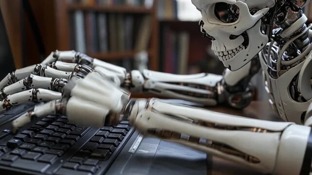 futuristic skeleton typing on a computer keyboard in a library setting, conceptualizing artificial intelligence and its interactions with traditional knowledge resources