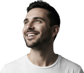 Smiling young man with short dark hair and a beard looking up with his head tilted