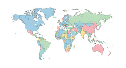 Colorful World Map Illustration with Country Borders on White