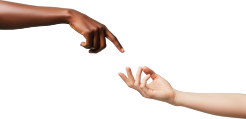 Two Hands One Dark Skinned And One Light Skinned Reaching Towards Each Other Against A Transparent Background