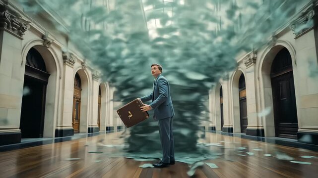 A businessman is engulfed by a surreal vortex of money in a grand hall, as the perspective warps and expands dramatically