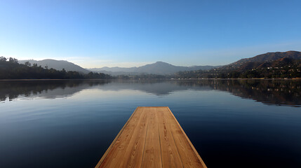 Wooden dock extending over calm lake with mountain reflections under clear blue sky
