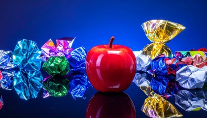 Colorful candies and a red apple