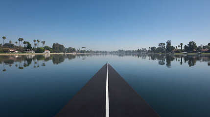 Fototapeta premium A road extending into a calm lake with clear reflections and palm trees along the shoreline under a blue sky