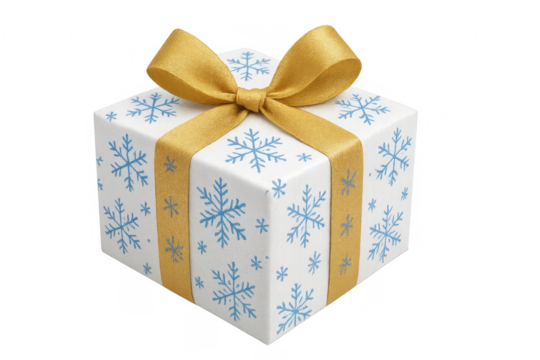 White christmas gift box with golden ribbon and blue snowflakes on transparent background