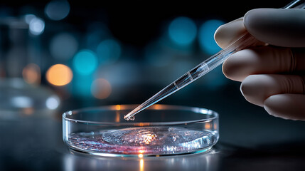 Close-up of a scientist’s gloved hand using a pipette to drop liquid into a petri dish with gel-like substance, symbolizing biotechnology.