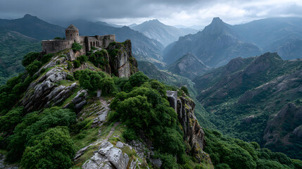 Ancient fortress atop a mountain peak