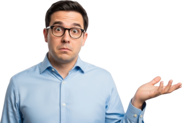 Man in glasses and blue shirt with questioning expression and open hand gesture