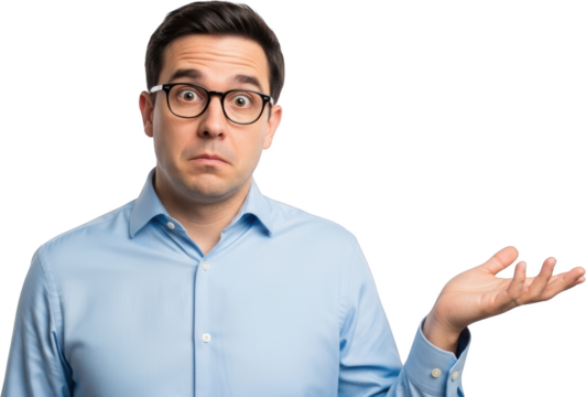 Man in glasses and blue shirt with questioning expression and open hand gesture