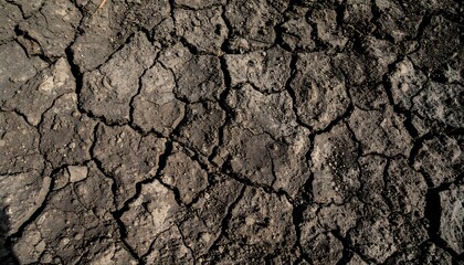 Dark, cracked earth texture; dry, arid land