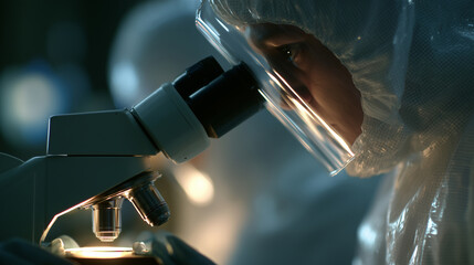 Close-up of a scientist in a protective hazmat suit observing samples through a microscope inside a high-security laboratory, symbolizing biotechnology research, virus detection.